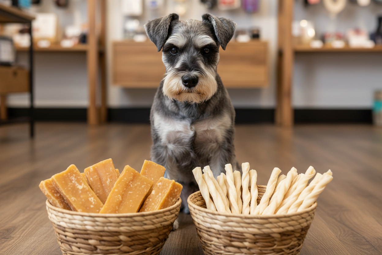 schnauzer dog with a basket of yak and rawhide in front