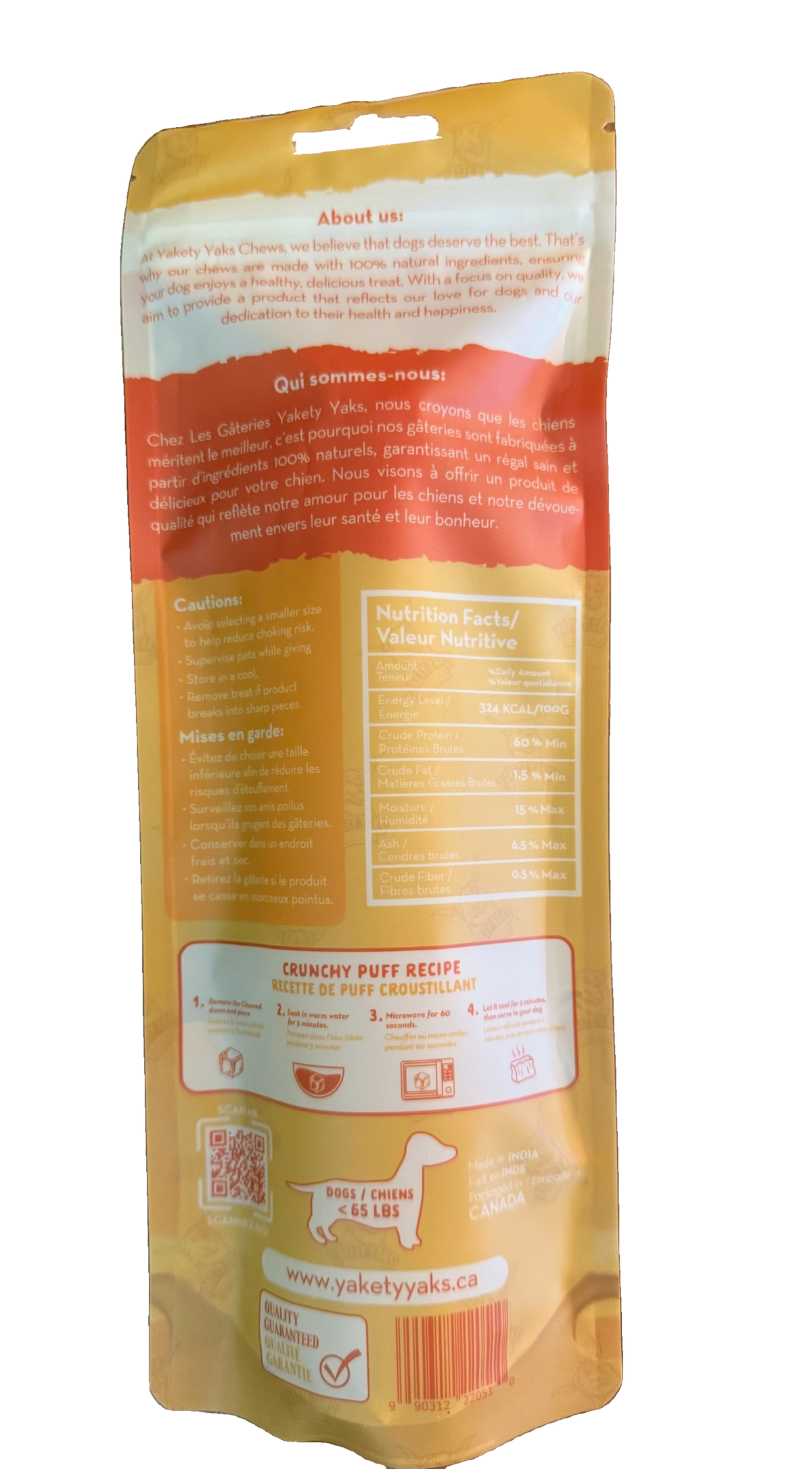 Back of Yakety Yaks Extra-Large single chew showing nutrition facts, cautions and puff instructions