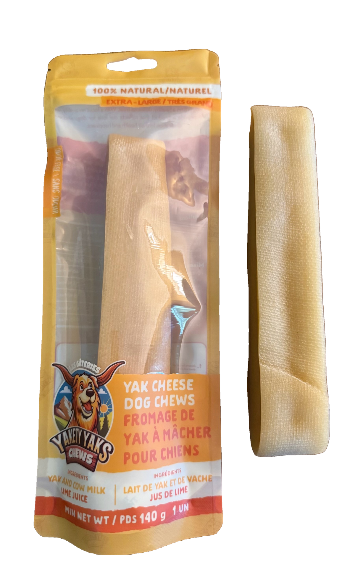 Yakety Yaks Extra-Large yak cheese dog chew, 1 chew, minimum 140 g; bag with chew beside it
