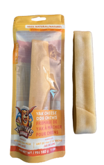 Yakety Yaks Extra-Large yak cheese dog chew, 1 chew, minimum 140 g; bag with chew beside it