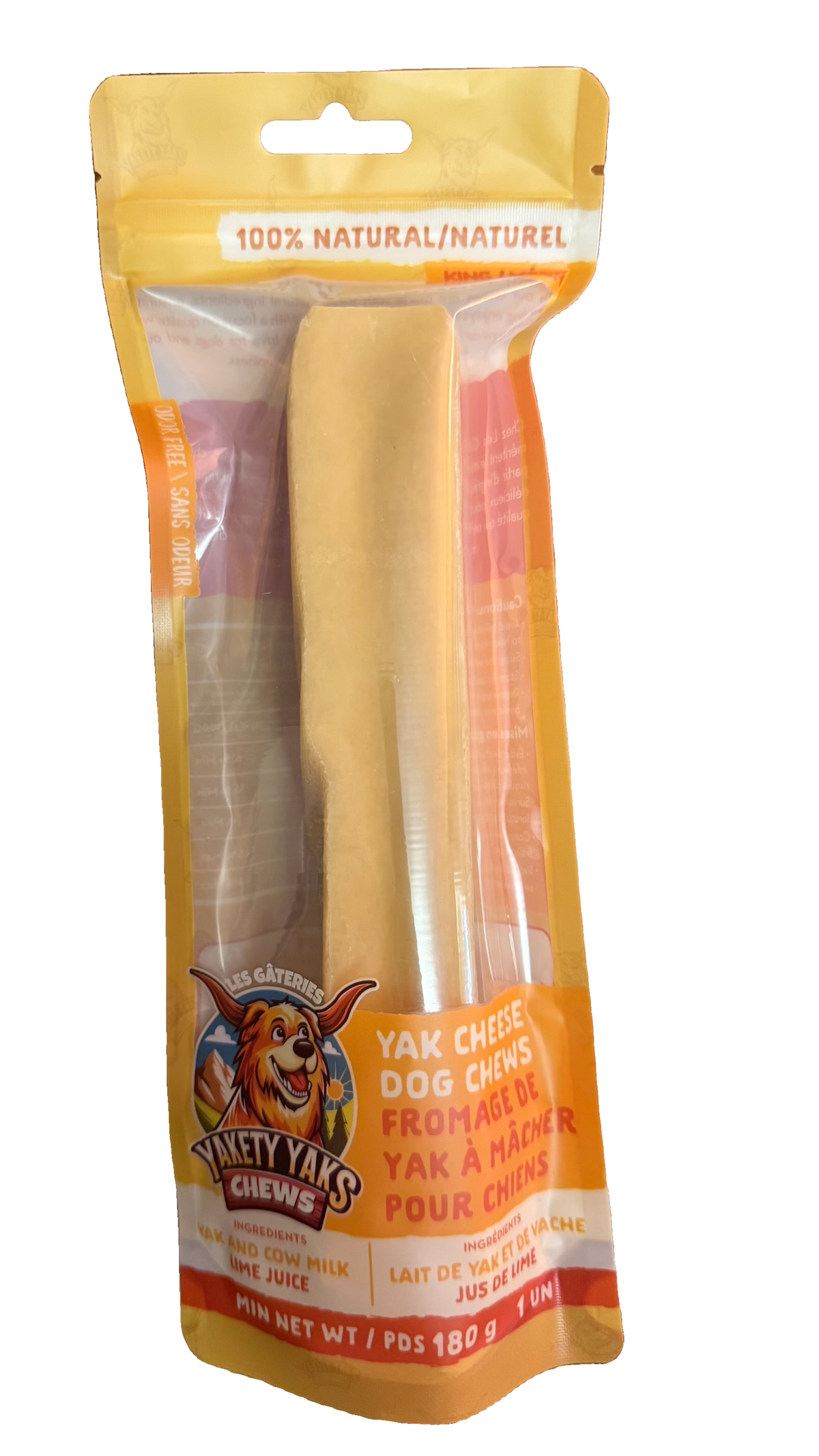 Front of Yakety Yaks King bag, 1 yak cheese dog chew, minimum 180 g