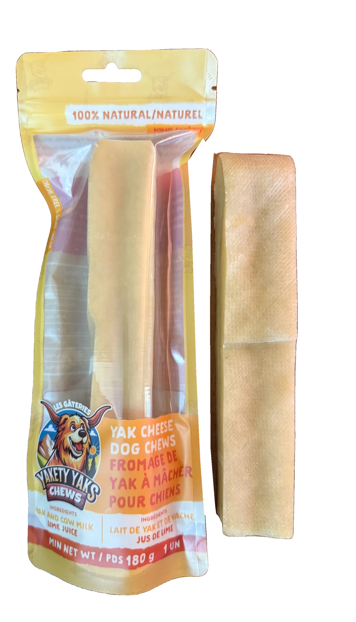 Yakety Yaks King yak cheese dog chew, 1 chew, minimum 180 g; bag with chew beside it