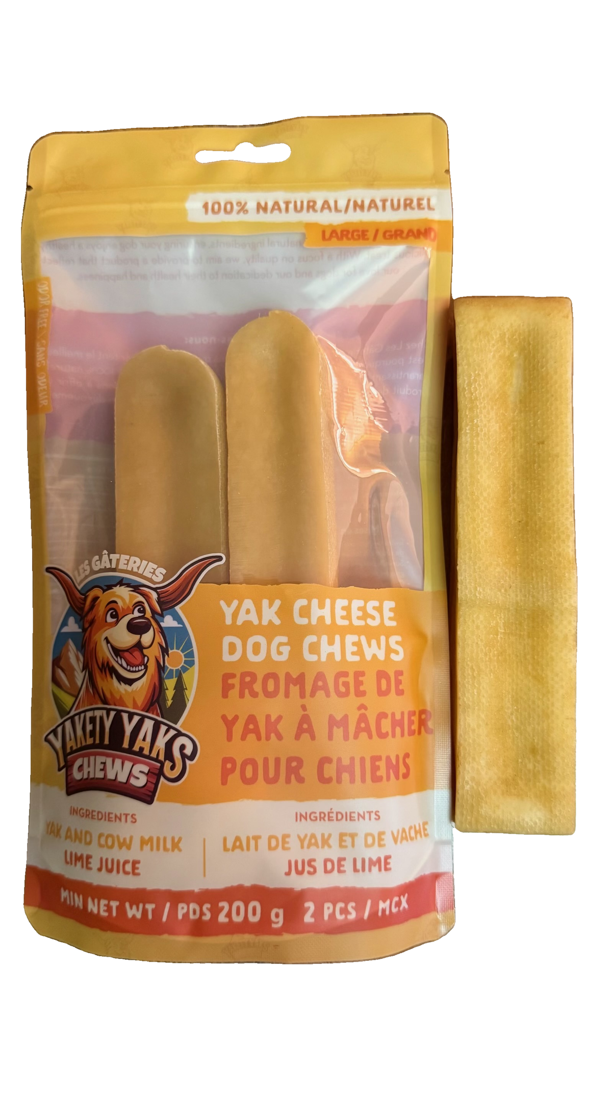 Yakety Yaks Large yak cheese dog chews, 2-pack, minimum 200 g, with chew
