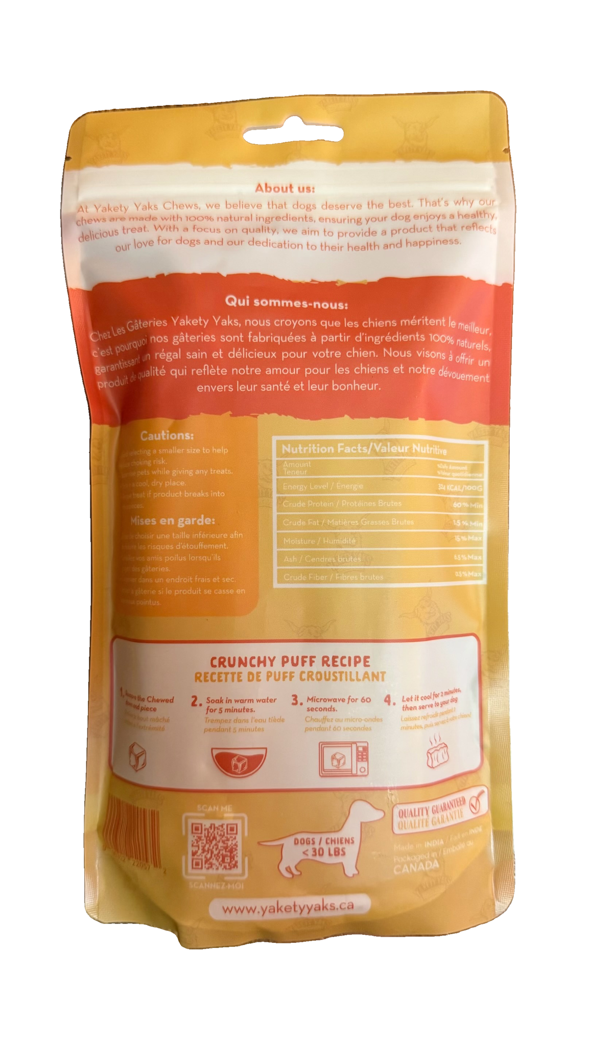 Back of Yakety Yaks Medium 3-pack showing nutrition facts, cautions and puff instructions