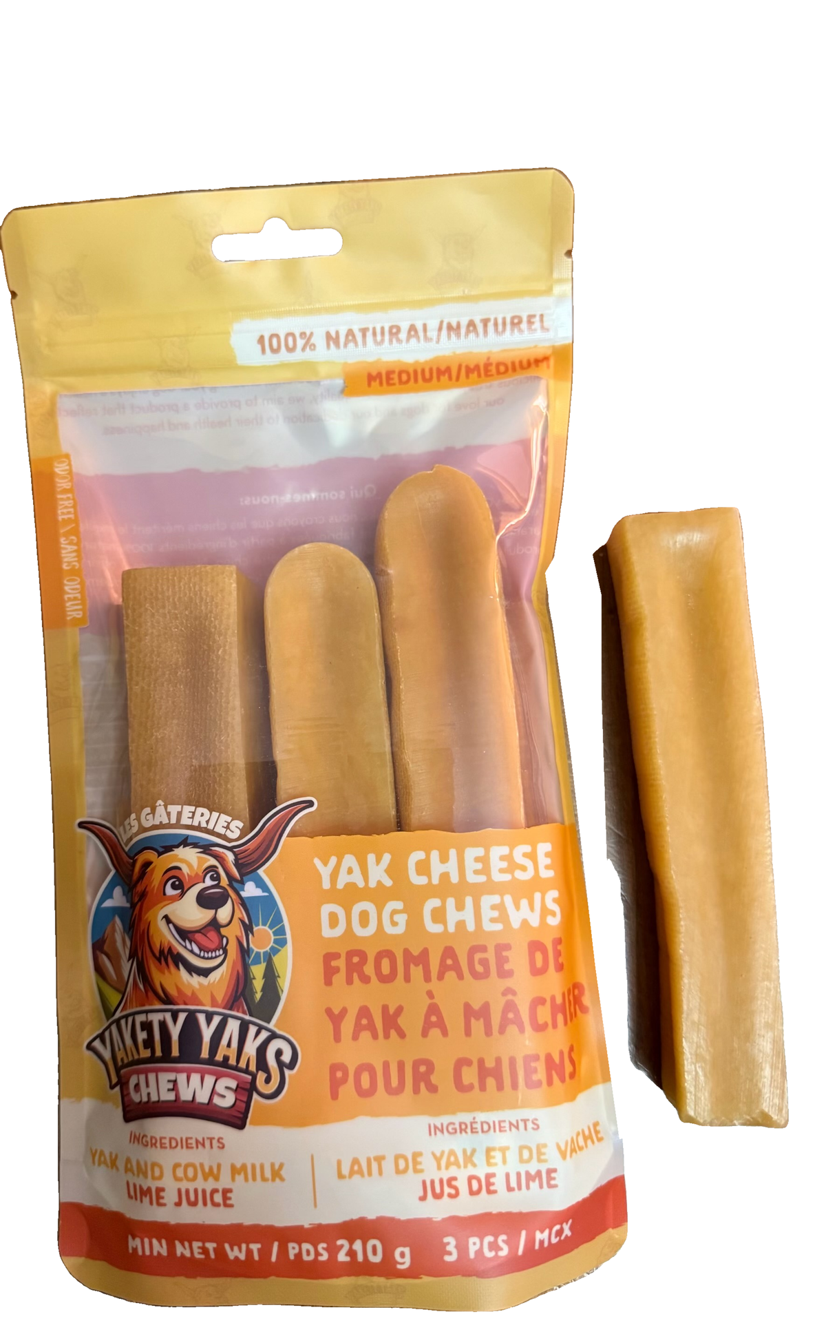 Yakety Yaks Medium yak cheese dog chews, 3-pack, minimum 210 g, with chew
