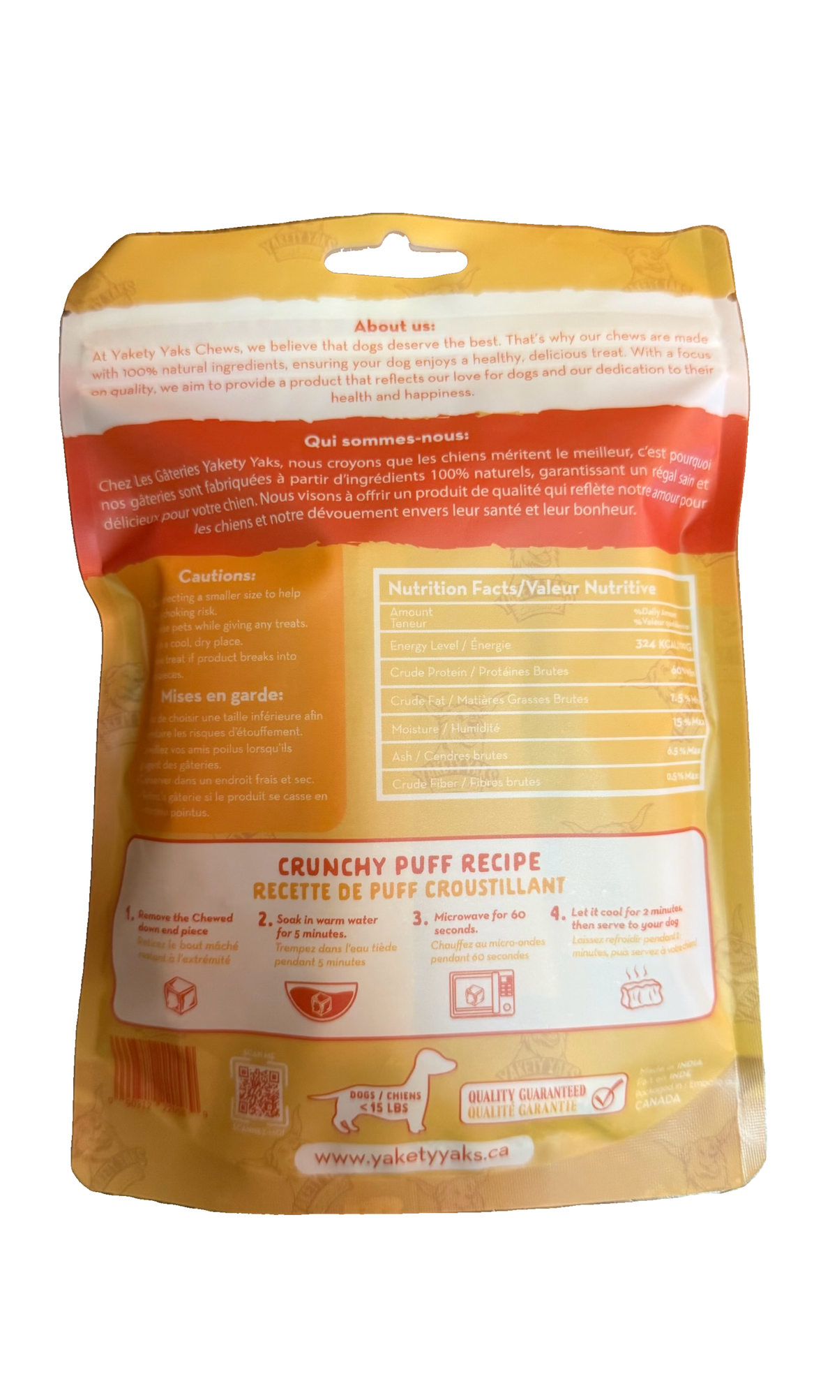 Back of Yakety Yaks Small 4-pack showing nutrition facts, cautions and puff instructions