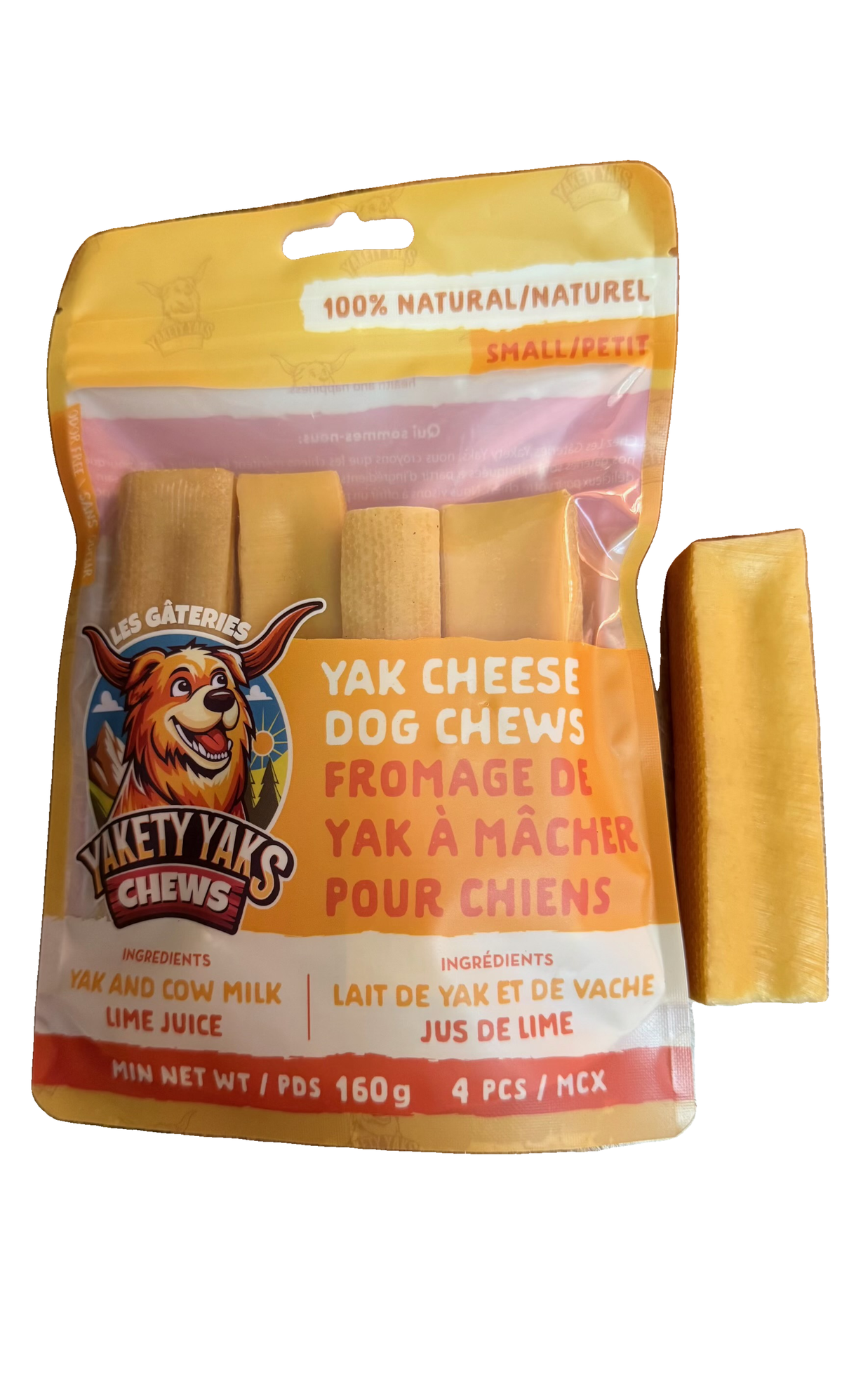 Yakety Yaks Small yak cheese dog chews, 4-pack, minimum 160 g, with chew