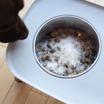 Close-up of Parma Yak organic yak cheese food topper mixed with dog kibble showing texture and color