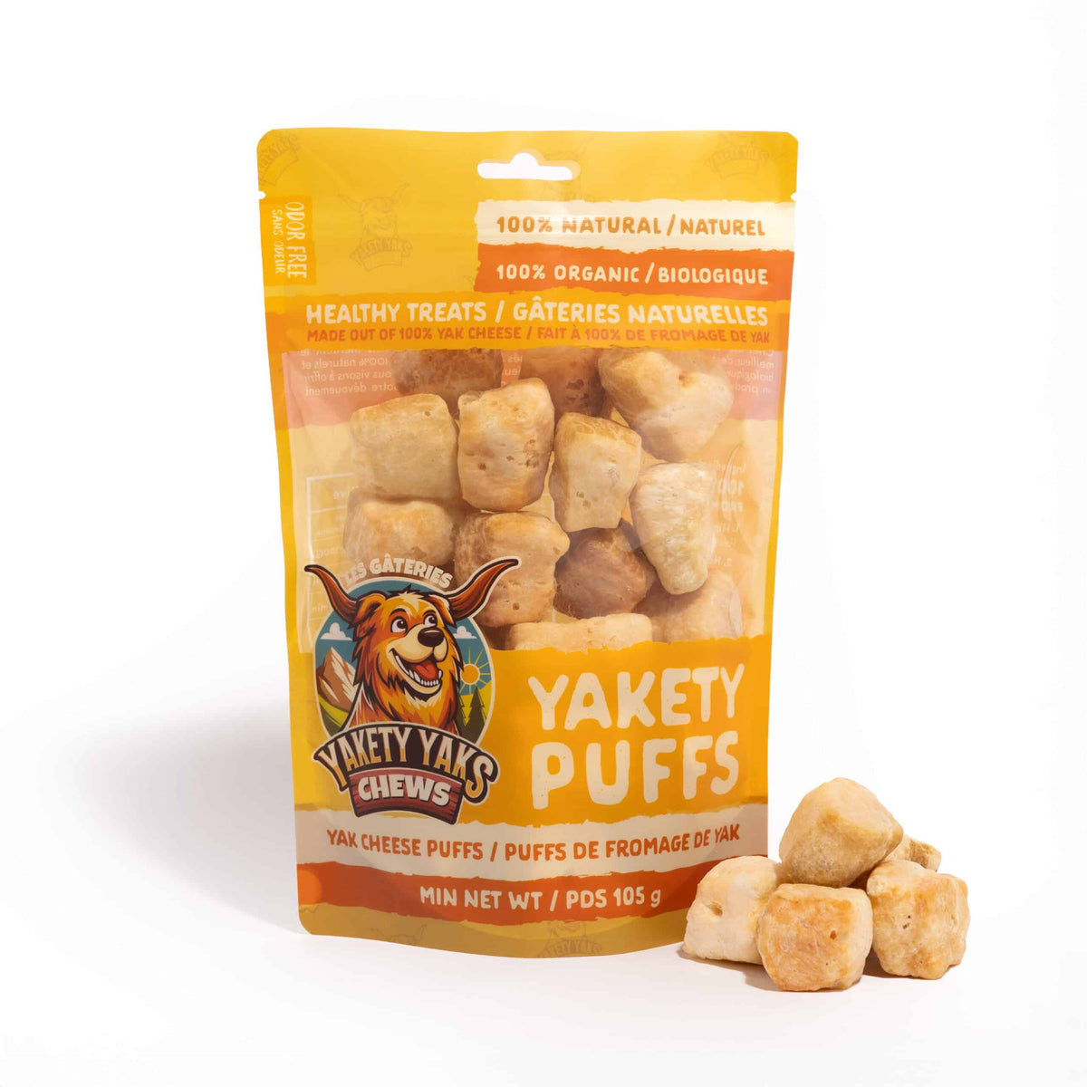 Yakety Puffs organic Himalayan yak cheese dog treats 105g package with puffed treats