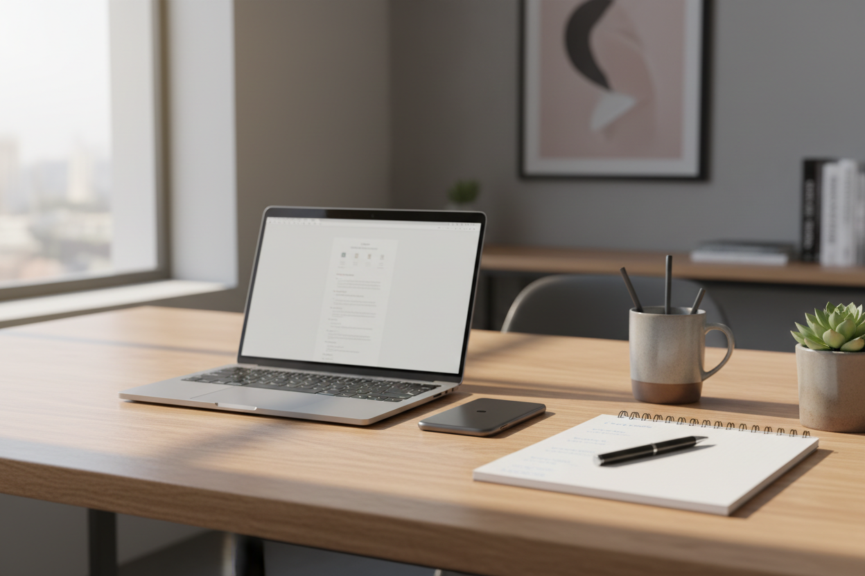 photorealistic image of a cell phone or computer on a desk with a notepad